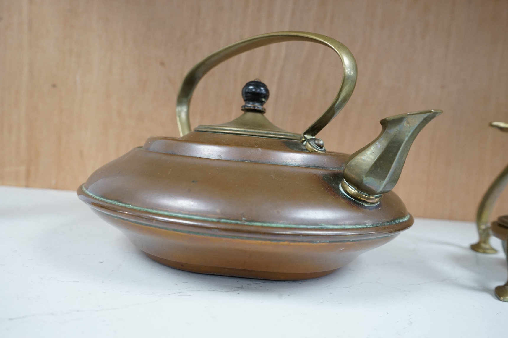 W.A.S Benson, a brass and copper kettle on stand, 23cm total height